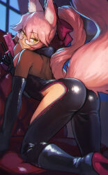 Rule 34 | 1girl, absurdres, animal ear fluff, animal ears, ass, black bodysuit, black gloves, bodysuit, boots, bow, commentary request, elbow gloves, fate/grand order, fate (series), fox ears, fox girl, fox tail, glasses, gloves, gun, hair bow, handgun, high heel boots, high heels, highres, hip vent, holding, holding gun, holding weapon, indoors, koyanskaya (assassin) (first ascension) (fate), koyanskaya (fate), lc butter, long hair, looking at viewer, looking back, parted lips, pink hair, ponytail, smile, solo, tail, tamamo (fate), weapon, window, yellow eyes
