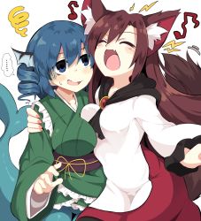 Rule 34 | ..., 2girls, :d, :o, ^ ^, animal ear fluff, animal ears, bad singing, blue eyes, blue hair, blush, breasts, brooch, brown hair, closed eyes, collarbone, commentary request, cowboy shot, dress, drill hair, eighth note, fang, fins, frilled kimono, frills, green kimono, hair between eyes, head fins, highres, imaizumi kagerou, japanese clothes, jewelry, kimono, large breasts, lolimate, long hair, long sleeves, looking at another, medium breasts, mermaid, monster girl, multicolored clothes, multicolored dress, multiple girls, music, musical note, nail polish, obi, open mouth, pink nails, purple sash, red dress, sash, short hair, simple background, singing, skin fang, smile, spoken ellipsis, squiggle, touhou, wakasagihime, wavy mouth, white background, white dress, wide sleeves, wolf ears