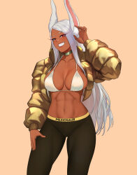Rule 34 | 1girl, abs, animal ears, artist name, black pants, boku no hero academia, breasts, choker, clothes writing, collarbone, commentary, cowboy shot, dark-skinned female, dark skin, grin, hand up, jacket, large breasts, leggings, long sleeves, looking at viewer, meziosaur, mirko, navel, open clothes, open jacket, orange background, pants, red eyes, simple background, smile, solo, standing, stomach, thighs, white hair, yellow jacket