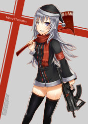 Rule 34 | 1girl, armband, axe, bell, blood, blue eyes, gia, gun, hat, highres, jacket, long hair, merry christmas, original, santa hat, scarf, silver hair, smile, solo, thighhighs, weapon