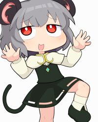 Rule 34 | 1girl, animal ears, blush, bright pupils, capelet, commentary request, cookie (touhou), crystal, flat chest, foot out of frame, grey hair, grey skirt, grey vest, hospital king, jewelry, long sleeves, medium bangs, mouse ears, mouse girl, mouse tail, nazrin, nyon (cookie), open mouth, pendant, red eyes, shirt, short hair, simple background, skirt, skirt set, smile, solo, tail, touhou, vest, white background, white capelet, white pupils, white shirt