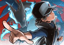 Rule 34 | 1boy, badge, baseball cap, black coat, black hair, blue eyes, blue fire, charizard, clenched hand, closed mouth, coat, commentary request, creatures (company), dragon, fire, frown, game freak, gen 1 pokemon, glowing, glowing eyes, hat, highres, looking to the side, mega charizard x, mega pokemon, nintendo, official alternate costume, pointing, pokemon, pokemon (creature), pokemon masters ex, popped collar, red (pokemon), red (sygna suit) (pokemon), seijun, spiked hair, turtleneck