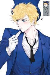 1boy animification arrow_(symbol) artist_request bite_mark bite_mark_on_neck black_necktie blonde_hair blue_eyes blue_hat blue_jacket blue_vest blush buttons clenched_hand collarbone collared_shirt gloves hand_up hat henry_stickmin_(series) hickey jacket lapels layered_sleeves long_sleeves looking_to_the_side male_focus necktie open_clothes open_jacket parted_lips reference_inset shirt short_hair simple_background solo source_request sven_svensson sweatdrop third-party_source top_hat upper_body v-shaped_eyebrows vest white_background white_gloves white_shirt