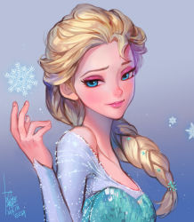 Rule 34 | 10s, 1girl, 2014, bare shoulders, blonde hair, blue eyes, braid, character name, dated, disney, dress, elsa (frozen), eyeshadow, frozen (disney), hair over shoulder, hand up, lips, makeup, sequins, signature, single braid, snowflakes, solo, yi lee