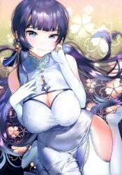Rule 34 | 1girl, absurdres, black hair, blue eyes, blunt bangs, blush, breasts, china dress, chinese clothes, cleavage, cleavage cutout, clothing cutout, commentary request, covered navel, dress, earrings, elbow gloves, floating hair, floral background, garter straps, gloves, highres, jewelry, lace, lace-trimmed legwear, lace trim, large breasts, long hair, looking at viewer, low twintails, multicolored hair, non-web source, original, partially fingerless gloves, scan, sitting, sleeveless, sleeveless dress, smile, solo, thighhighs, twintails, two-tone hair, very long hair, wariza, white gloves, white thighhighs, yanyo (ogino atsuki)