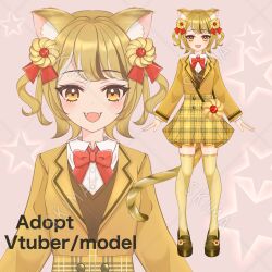 Rule 34 | 1girl, absurdres, adoptable, animal ears, artist request, bad id, bad skima id, blush, bow, brown vest, cat ears, cat girl, cat tail, collared shirt, cookie hair ornament, fangs, food-themed hair ornament, hair ornament, highres, jacket, open mouth, original, plaid, plaid skirt, red bow, shirt, short hair, skirt, smile, star (symbol), straight-on, tail, thighhighs, unmoving pattern, vest, virtual youtuber, watermark, white shirt, yellow footwear, yellow jacket, yellow thighhighs, zoom layer