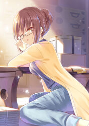 Rule 34 | 1girl, arm on table, arm support, black-framed eyewear, brown eyes, brown hair, coat, d:, day, denim, eyes visible through hair, feet out of frame, folded ponytail, from side, glasses, hair between eyes, highres, humuyun, indoors, jeans, leaning forward, light particles, light rays, long sleeves, looking afar, mature female, medium hair, misaki kyouko (summer pockets), mole, mole under mouth, official art, one eye closed, open clothes, open coat, open mouth, pants, semi-rimless eyewear, sidelighting, sitting, sleepy, solo, summer pockets, sunbeam, sunlight, table, yellow coat, yokozuwari