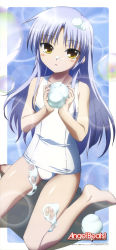 Rule 34 | 10s, 1girl, absurdres, angel beats!, barefoot, bubble, dengeki g&#039;s, feet, highres, kneeling, long hair, long image, miyashita yuuji, non-web source, official art, one-piece swimsuit, scan, school swimsuit, silver hair, soap bubbles, solo, stick poster, swimsuit, tall image, tenshi (angel beats!), white school swimsuit, white one-piece swimsuit, yellow eyes
