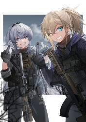 Rule 34 | 2girls, ak-105, assault rifle, bare tree, black gloves, black pants, blue eyes, blue jacket, blurry, blurry foreground, commentary, copyright request, depth of field, double middle finger, earrings, geissele urg-i, gloves, grey hair, grey jacket, grin, gun, highres, jacket, jewelry, light brown hair, long sleeves, looking at viewer, m4 carbine, middle finger, multiple girls, one eye closed, pants, ponytail, rff (3 percent), rifle, sharp teeth, smile, teeth, tree, weapon