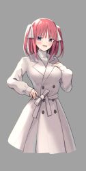 Rule 34 | 1girl, :d, alternate costume, blue eyes, coat, cropped legs, go-toubun no hanayome, grey background, hair ribbon, hand on own chest, highres, long coat, long sleeves, looking at viewer, medium hair, nakano nino, open mouth, pink hair, profnote, ribbon, smile, solo, two side up, white coat, white ribbon