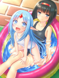 Rule 34 | 2girls, black hair, blue eyes, blue hair, collarbone, commentary request, expressionless, forehead jewel, from above, hairband, hands on another&#039;s thighs, highres, kalar (race), legs, long hair, looking up, lying, multiple girls, on back, one-piece swimsuit, open mouth, partially submerged, pointy ears, rance (series), reset kalar, school swimsuit, short hair, sitting, sitting on person, smile, swimsuit, thighs, very long hair, wading pool, water, wet, white one-piece swimsuit, white school swimsuit, yukishiba yanagi, yuzuhara yuzumi