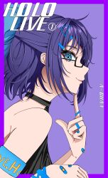 Rule 34 | 1girl, a-chan (hololive), alternate costume, armband, bandaid, bandaid on hand, black-framed eyewear, black shirt, blue bow, blue eyes, blue hair, border, bow, character name, closed mouth, commentary, copyright name, english commentary, eyelashes, finger to own chin, from side, glasses, hair bow, hair ornament, hairclip, halterneck, highres, hololive, jewelry, looking at viewer, mouchu, multiple rings, outside border, portrait, profile, purple background, ring, semi-rimless eyewear, shirt, short hair, simple background, smile, solo, virtual youtuber