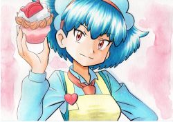 Rule 34 | 1girl, apron, blue hair, blue shirt, closed mouth, collared shirt, commentary request, creatures (company), dessert, food, game freak, hair between eyes, hand up, headdress, highres, holding, long sleeves, looking at viewer, miette (pokemon), necktie, nintendo, oka mochi, orange necktie, pink background, pokemon, pokemon (anime), pokemon xy (anime), shirt, short hair, smile, solo, traditional media, upper body, yellow apron