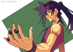 Rule 34 | 1boy, armlet, bracelet, closed mouth, commentary request, earrings, fingernails, foreshortening, green eyes, hair tie, hand up, headband, holding dice, jewelry, long hair, looking to the side, male focus, necklace, otogi ryuuji, pinkerton taisa, ponytail, sleeveless, solo, twitter username, upper body, yu-gi-oh!