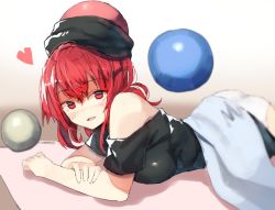 Rule 34 | 1girl, ass, bad id, bad twitter id, black shirt, breast press, breasts, commentary request, heart, hecatia lapislazuli, large breasts, looking at viewer, lying, off-shoulder shirt, off shoulder, on stomach, one-hour drawing challenge, panties, red eyes, red hair, shirt, smile, solo, suminagashi, t-shirt, touhou, underwear, white panties