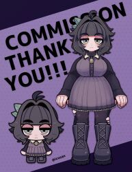 Rule 34 | 1girl, ahoge, arms at sides, artist name, black hair, blunt bangs, boots, breasts, buttons, chibi, closed mouth, commission, dot nose, dress, drop shadow, english text, freckles, full body, green eyes, grey footwear, hair intakes, hair ornament, highres, iccoco, jitome, kimberly (kimispice), large breasts, leaf hair ornament, long sleeves, looking at viewer, medium hair, multiple views, open hands, open mouth, original, polka dot, polka dot background, purple background, skeb commission, sleeves past wrists, standing, straight-on, torn clothes, twitter username, wing collar