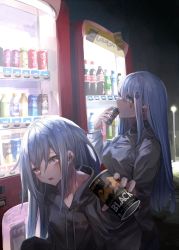 Rule 34 | 2girls, alternate costume, can, canned coffee, coca-cola, commentary request, drink can, drinking, facial mark, facial tattoo, g11 (girls&#039; frontline), georgia coffee, girls&#039; frontline, head tilt, highres, hk416 (girls&#039; frontline), hood, hood down, hooded jacket, hoodie, jacket, lamppost, looking at viewer, miyabino (miyabi1616), multiple girls, night, outdoors, pepsi, pocari sweat, silver hair, soda bottle, soda can, tattoo, turtleneck, vending machine
