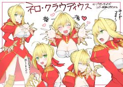 Rule 34 | 10s, 1girl, :d, ^ ^, absurdres, ahoge, bad id, bad twitter id, blonde hair, blush, braid, breasts, character name, cleavage, closed eyes, epaulettes, fate/extra, fate (series), green eyes, hair bun, hair intakes, hand on own chest, hand to forehead, heart, highres, ito (silk9f), juliet sleeves, large breasts, leotard, long sleeves, looking at viewer, multiple views, nero claudius (fate), nero claudius (fate) (all), nero claudius (fate/extra), open mouth, outstretched arms, puffy sleeves, short hair with long locks, simple background, single hair bun, smile, sweatdrop, teeth, white background, white leotard