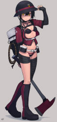 Rule 34 | 1girl, axe, bad id, bad pixiv id, bandages, bandaged arm, bandaged leg, bandages, black bra, black footwear, black hair, boots, bra, commentary, english commentary, full body, grey background, hair between eyes, helmet, highres, holding, holding axe, knee boots, looking at viewer, navel, original, short sleeves, simple background, solo, standing, underwear, wozora, yellow eyes