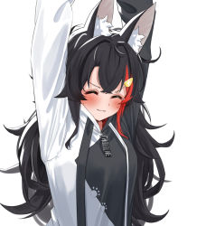 Rule 34 | 1girl, animal ear fluff, animal ears, arms up, black hair, black hoodie, blush, closed eyes, closed mouth, commentary request, daichi (daichi catcat), drawstring, hair ornament, hairclip, highres, hololive, hood, hood down, hoodie, long hair, long sleeves, multicolored hair, ookami mio, ookami mio (casual), red hair, simple background, solo, streaked hair, stretching, two-tone hoodie, upper body, virtual youtuber, white background, white hoodie, wolf ears