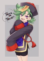 Rule 34 | 1boy, bike shorts, black hair, english text, facial mark, green hair, halloween, halloween costume, hat, jewelry, jiangshi, jiangshi costume, looking at viewer, male focus, mauro abelard, multicolored hair, off shoulder, ofuda, open mouth, purple eyes, qingdai guanmao, riku son, shadowverse, shadowverse (anime), sleeves past fingers, sleeves past wrists, smile, solo, spiked hair, trick or treat, two-tone hair