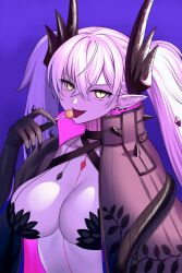 Rule 34 | 1girl, asamura hiori, black cape, breasts, candy, cape, character request, cleavage, earrings, fate/grand order, fate (series), food, highres, horns, jewelry, large breasts, lollipop, long hair, long sleeves, looking at viewer, open mouth, pink hair, pointy ears, smile, solo, tongue, tongue out, twintails, yellow eyes