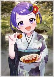 Rule 34 | 1girl, amesafu, commentary request, dokidoki! precure, flower, food, hair flower, hair ornament, highres, japanese clothes, kenzaki makoto, kimono, looking at viewer, new year, open mouth, precure, purple eyes, purple hair, short hair, solo, wide sleeves
