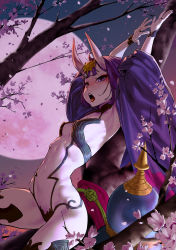 Rule 34 | 1girl, absurdres, arched back, armpits, arms up, blunt bangs, breasts, cherry blossoms, disto, eyeshadow, fate/grand order, fate (series), from side, full moon, gourd, headpiece, highres, horns, in tree, makeup, moon, navel, night, oni, open mouth, petals, pink moon, purple eyes, purple hair, revealing clothes, short hair, shuten douji (fate), signature, sitting, sitting in tree, skin-covered horns, small breasts, solo, teeth, tongue, tongue out, tree, upper teeth only, wide sleeves