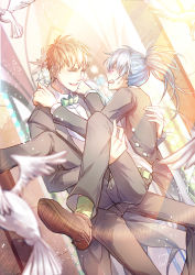 Rule 34 | 10s, 2015, 2boys, alternate hairstyle, bird, blonde hair, blue hair, blush, bow, bowtie, carrying, couple, dated, dove, dramatical murder, dutch angle, formal, hands on shoulders, ichi yasushi, looking at another, male focus, multiple boys, noiz (dramatical murder), ponytail, princess carry, seragaki aoba, suit, traditional bowtie, wedding, yaoi