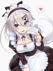Rule 34 | 1girl, 9a-91 (girls&#039; frontline), absurdres, alternate costume, apron, black ribbon, blue eyes, blush, breasts, card, corset, detached collar, dress, frills, gen (gen m gen), girls&#039; frontline, hair between eyes, hair ornament, hairclip, heart, highres, holding, holding card, jewelry, long hair, looking at viewer, maid, maid headdress, medium breasts, nail polish, open mouth, pink nails, ribbon, ring, silver hair, simple background, smile, solo, spoken heart, teeth, translation request, upper teeth only, very long hair, wedding band
