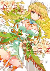 Rule 34 | 1girl, bad id, bad pixiv id, breasts, cherry blossoms, cowboy shot, detached collar, dutch angle, elsword, flower, gloves, grand archer (elsword), green eyes, green hair, huge breasts, juliet sleeves, karmaho, long hair, long sleeves, matching hair/eyes, pointy ears, puffy sleeves, rena erindel, shiny skin, skirt, smile, solo, thighhighs, white background, white skirt