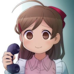 Rule 34 | 1girl, ahoge, apron, bow, brown eyes, brown hair, closed mouth, commentary, commentary request, empty eyes, hair bow, hair ornament, hairclip, highres, holding, holding phone, kantai collection, kappougi, long hair, long sleeves, mamiya (kancolle), mizoki kei, phone, portrait, red bow, simple background, solo