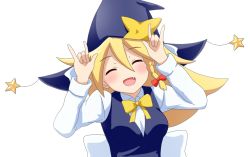 Rule 34 | 1girl, blue hat, blue vest, blush, bow, bowtie, breasts, closed eyes, collared shirt, commentary request, cookie (touhou), fang, hair between eyes, hair bow, hat, kirisame marisa, long hair, long sleeves, m/, medium breasts, nico nico nii, open mouth, red bow, ruka (cookie), shippo (shishizaru), shirt, simple background, smile, solo, star (symbol), touhou, upper body, vest, white background, white shirt, witch hat, yellow bow, yellow bowtie