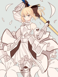 Rule 34 | 1girl, absurdres, ahoge, armor, armored dress, artoria pendragon (all), artoria pendragon (fate), bad id, bad pixiv id, bare shoulders, blonde hair, bow, caliburn (fate), detached sleeves, dress, fate/grand order, fate (series), gloves, green eyes, hair bow, highres, looking at viewer, lq saku, ponytail, ribbon, saber lily, smile, solo, sword, weapon