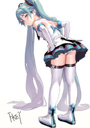 Rule 34 | 1girl, absurdly long hair, aqua hair, artist name, ass, bare shoulders, blue bow, blue eyes, blush, boots, bow, breasts, chinese commentary, commentary request, detached sleeves, dress, fkey, from behind, full body, gradient hair, hands on own hips, hatsune miku, highres, leaning forward, long hair, looking back, magical mirai miku, magical mirai miku (2017), medium breasts, multicolored hair, panties, pantyshot, signature, silver hair, simple background, solo, standing, thigh boots, thighhighs, thighs, twintails, underwear, very long hair, vocaloid, white background, white dress, white footwear, white thighhighs