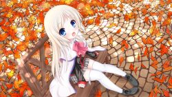Rule 34 | 1girl, absurdres, autumn, autumn leaves, bench, black jacket, blazer, blonde hair, blue eyes, brown skirt, cape, fang, highres, huge filesize, jacket, kud wafter, kuu (tempote1), leaf, little busters!, long hair, noumi kudryavka, open mouth, plaid, plaid skirt, school uniform, shoes, sitting, skirt, smile, solo, thighhighs, white cape, white thighhighs