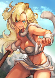 Rule 34 | 1girl, abs, asymmetrical bangs, ayla (chrono trigger), bare shoulders, blonde hair, blue eyes, breasts, cat tail, chrono trigger, cleavage, fighting stance, fur, fur trim, grey shirt, grey skirt, grin, hinoru saikusa, holding, holding weapon, large breasts, long hair, looking at viewer, midriff, muscular, muscular female, navel, outdoors, panties, pantyshot, parted bangs, shirt, skirt, sky, smile, solo, tail, teeth, underwear, upper body, wavy hair, weapon, wrist cuffs