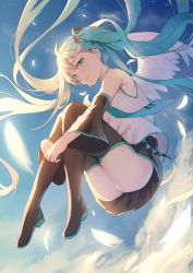 Rule 34 | 1girl, 39, absurdres, alexmaster, angel wings, aqua eyes, aqua hair, armpits, belt, black footwear, black thighhighs, blue sky, boots, cloud, detached sleeves, feathers, from below, hatsune miku, highres, long hair, looking at viewer, miniskirt, necktie, skirt, sky, solo, thigh boots, thighhighs, twintails, very long hair, vocaloid, wings
