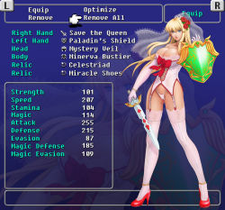 Rule 34 | 1990s (style), 1girl, anklet, blonde hair, blue eyes, bow, bracelet, breasts, bustier, cameltoe, celes chere, cleavage, elbow gloves, fake screenshot, final fantasy, final fantasy vi, flower, g-string, gameplay mechanics, garter straps, gloves, gradient background, hair flower, hair ornament, hairclip, high heels, huge breasts, jewelry, lace, lace-trimmed legwear, lace trim, legs, lingerie, long hair, long legs, looking at viewer, mark henry bustamante, panties, pink thighhighs, pixel art, retro artstyle, ribbon, see-through, shield, shoes, sidelocks, solo, sword, thighhighs, thighs, thong, tiara, underwear, veil, weapon, white panties, zoom layer