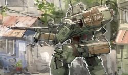Rule 34 | anti-materiel rifle, camouflage paint, cannon, english text, gun, highres, mecha, no humans, original, plank, plant, potted plant, radio antenna, rifle, robot, rooftop, sniper rifle, town, weapon, window, wood, xerbatt