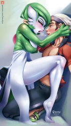 1boy 1girl arms_around_neck artist_name barefoot beanie black_pants black_shirt blue_eyes blush breasts breath brendan_(pokemon) brown_hair collarbone colored_skin covered_erect_nipples creatures_(company) eye_contact fang feet from_side game_freak gardevoir gen_3_pokemon green_footwear green_hair half-closed_eyes hand_on_another&#039;s_head hanshyn hat hetero highres interspecies kneeling legs looking_at_another medium_breasts nintendo on_one_knee open_clothes open_mouth open_shirt pants patreon_logo patreon_username pectorals pokemon pokemon_(creature) pokemon_rse profile red_eyes shirt shoes short_hair short_sleeves sidelocks signature squatting sweat teeth thighs tiptoes toned toned_male very_sweaty watermark web_address white_hat white_skin