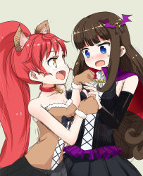 Rule 34 | 2girls, animal ears, bare shoulders, black skirt, blue eyes, blush, brown eyes, brown gloves, brown hair, brown shirt, chain, clenched hands, collar, detached sleeves, fang, fur trim, gloves, hair ornament, halloween costume, head tilt, kurosu aroma, long hair, long sleeves, looking at another, multiple girls, nose blush, okiru, open mouth, paw pose, pleated skirt, ponytail, pretty series, pripara, red hair, shiratama mikan, shirt, sideways mouth, simple background, sketch, skirt, skull hair ornament, sleeveless, sleeveless shirt, sweatdrop