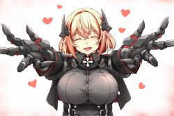 Rule 34 | 1girl, :d, ^ ^, aiguillette, armlet, azur lane, belt, black jacket, black shirt, blonde hair, blush, breasts, buttons, closed eyes, collared shirt, commentary request, corset, cropped jacket, cross, crossed bangs, gradient background, hair intakes, head tilt, headgear, heart, highres, incoming hug, iron cross, jacket, large breasts, long sleeves, mechanical hands, multicolored hair, okutama tarou, open hands, open mouth, outstretched arms, outstretched hand, pink background, reaching, reaching towards viewer, red hair, roon (azur lane), shirt, short hair, sidelocks, smile, solo, streaked hair, upper body, valentine, white background, |d