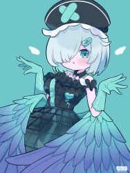 Rule 34 | 1girl, absurdres, aqua gloves, aqua wings, black collar, black dress, black hat, blue background, blush, breasts, collar, commentary request, denonbu, detached collar, dress, feathered wings, gloves, hair over one eye, hat, highres, large breasts, looking at viewer, minakami hina, nurse cap, official alternate costume, open mouth, safety pin, short hair, simple background, solo, tomiuimot, wings