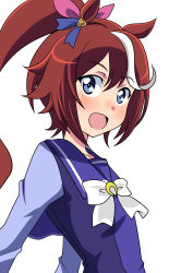 Rule 34 | 1girl, :d, absurdres, animal ears, blouse, blue eyes, blue sailor collar, blue shirt, bow, brown hair, commentary request, ear ribbon, from side, hair ribbon, highres, horse ears, horse girl, light blush, long hair, looking at viewer, multicolored hair, open mouth, ponytail, ribbon, sailor collar, school uniform, shirt, simple background, smile, solo, streaked hair, tokai teio (umamusume), tracen school uniform, umamusume, wakku kan, white background, white bow, white hair