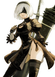 Rule 34 | 1girl, black dress, black footwear, black thighhighs, blindfold, boots, breasts, commentary request, dress, feather-trimmed sleeves, feather trim, gloves, hairband, huge weapon, lips, long sleeves, medium breasts, mole, mole under mouth, morisawa haruyuki, nier:automata, nier (series), parted lips, puffy short sleeves, puffy sleeves, short hair, short sleeves, side slit, simple background, soul calibur, sword, thigh boots, thighhighs, thighs, turtleneck, weapon, white background, 2b (nier:automata)