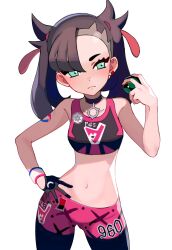 Rule 34 | 1girl, = (9 yawbus), asymmetrical bangs, bare shoulders, black choker, black gloves, black hair, black pantyhose, blue eyes, choker, closed mouth, cowboy shot, creatures (company), crop top, dusk ball, facing viewer, game freak, gloves, gym uniform, hand on own hip, highres, holding, holding poke ball, long hair, looking to the side, marnie (pokemon), navel, nintendo, pantyhose, pink shorts, poke ball, pokemon, pokemon swsh, shorts, single glove, twintails, white background