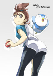 Rule 34 | 1girl, ass, black pantyhose, blue shirt, blush, breasts, brown eyes, brown hair, character name, creatures (company), drop shadow, english text, female focus, from behind, from below, game freak, gen 4 pokemon, grey background, hair between eyes, hair tie, hand up, highres, holding, holding poke ball, looking at viewer, looking back, matching hair/eyes, nintendo, pantyhose, piplup, poke ball, poke ball (basic), pokemon, pokemon (anime), pokemon (creature), pokemon the movie: i choose you!, shirt, short hair, short shorts, short sleeves, shorts, simple background, small breasts, smile, solo focus, standing, text focus, verity (pokemon), white shorts, yuuichi (reductionblack)