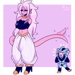 Rule 34 | 1boy, 1girl, android 21, baggy pants, breasts, cell jr, cleavage, dragon ball, dragon ball fighterz, dragonball z, high heel boots, long hair, majin (race), majin android 21, pink hair, tail, white hair