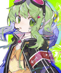 Rule 34 | 1girl, abstract background, absurdres, armband, black jacket, brooch, collared shirt, commentary, cropped jacket, drawstring, fish skeleton print, goggles, goggles on head, green background, green eyes, green hair, gumi, halftone, headset, highres, hood, hood down, hooded jacket, jacket, jewelry, long sleeves, looking at viewer, looking to the side, medium hair, microphone, open clothes, open jacket, open mouth, orange jacket, orange skirt, red armband, shirt, sidelocks, sideways glance, skirt, skirt set, smile, solo, soresaki, upper body, vocaloid, white shirt